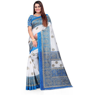 SVB Saree White  & Light Blue Art Silk Printed Saree