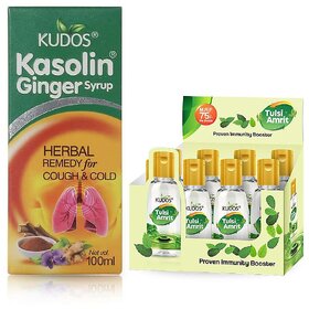 Kudos Kasolin Ginger Cough Syrup And Tulsi Amrit Best Tulsi Drops for Immunity Booster Combo Pack Of 2
