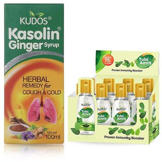 Kudos Kasolin Ginger Cough Syrup And Tulsi Amrit Best Tulsi Drops for Immunity Booster Combo Pack Of 2