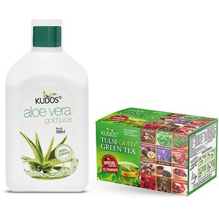 Kudos Tulsi Gold Green Tea (12 Flav.) And Aloevera Gold juice (Orange Flav.) Combo Pack Of 2