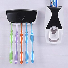 Style ur Home Toothpaste Dispenser with Wall Mount Toothbrush Holder Toothpaste Squeezer with 5 Set Toothbrush Holders