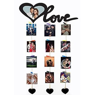 Khush Its Amazing Home DecorWood Love With Heart Hanging Photo Display, DIY Picture Photo Frame Collage Set Includes Multi colour Clips
