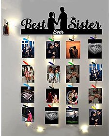 Khush Its Amazing Home Decor Wood Best Ever Sister With LED Light Hanging Photo Display, DIY Picture Photo Frame Collage Set Includes Multi colour Clips
