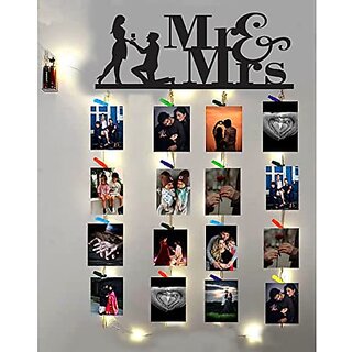 Khush Its Amazing Home Decor Wood Mr And Mrs With LED Light Hanging Photo Display, DIY Picture Photo Frame Collage Set Includes Multi colour Clips
