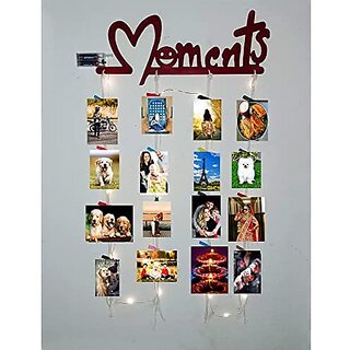 Khush Its Amazing Home Decor Wood Maroon Moments With LED Light Hanging Photo Display, DIY Picture Photo Frame Collage Set Includes Multi colour Clips
