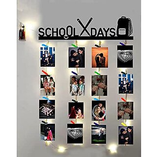 Khush Its Amazing Home Decor Wood School Days With LED Light Hanging Photo Display, DIY Picture Photo Frame Collage Set Includes Multi colour Clips