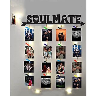 Khush Its Amazing Home Decor wood Soulmate With LED Light Hanging Photo Display, DIY Picture Photo Frame Collage Set Includes Multi colour Clips