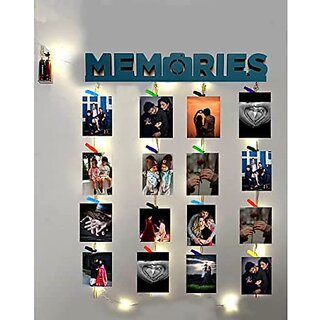 Khush Its Amazing Home Decor Wood Blue Memories With LED Light Hanging Photo Display, DIY Picture Photo Frame Collage Set Includes Multi colour Clips