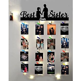 Khush Its Amazing Home Decor Wood Best Ever Sister With LED Light Hanging Photo Display, DIY Picture Photo Frame Collage Set Includes Multi colour Clips