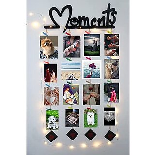Khush Its Amazing Wood Moments With Squre Heart Hanging Up Down LED Light Hanging Photo Display, DIY Picture Photo Frame Collage Set Includes Multi colour Clips