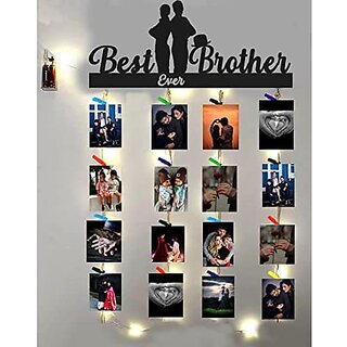 Khush Its Amazing Wood Best Ever Brother With LED Light Hanging Photo Display, DIY Picture Photo Frame Collage Set Includes Multi colour Clips