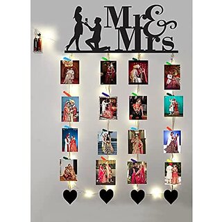 Khush Its Amazing Home Decor Wood Mr And Mrs And Heart With LED Light Hanging Photo Display, DIY Picture Photo Frame Collage Set Includes Multi colour Clips