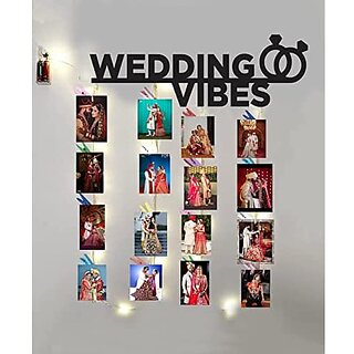 Khush Its Amazing Home Decor Wood Wedding Vibes With LED Light Hanging Photo Display, DIY Picture Photo Frame Collage Set Includes Multi colour Clips