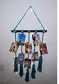 Khush Its Amazing Home Decor Wall Hanging Hand Made Black Stick With Macrame Blue 5 Line Rope And LED Light Photo Display , DIY Picture Photo Frame Collage Set Includes Multi colour Clips