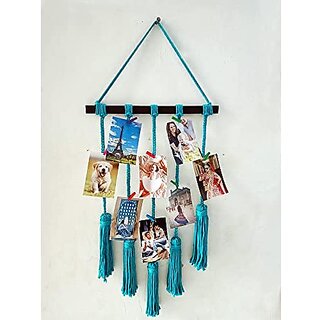 Khush Its Amazing Home Decor Wall Hanging Hand Made Black Stick With Macrame Blue 5 Line Rope Photo Display ,DIY Picture Photo Frame Collage Set Includes Multi colour Clips