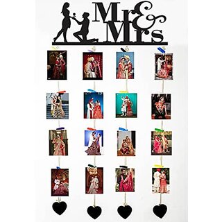 Khush Its Amazing Home Decor Wood Mr And Mrs With Heart Hanging Photo Display, DIY Picture Photo Frame Collage Set Includes Multi colour Clips