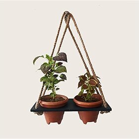 Khush Its Amazing Wood Hanging Planter Shelf Plant Hanger Decorative Flower Pot Rack with Rope Home Decor Hanging Planter ( 2 Pot Black Planter)