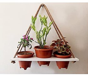 Khush Its Amazing Wood Hanging Planter Shelf Plant Hanger Decorative Flower Pot Rack with Rope Home Decor Hanging Planter (3 Pot White Planter)