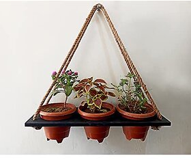 Khush Its Amazing Wood Hanging Planter Shelf Plant Hanger Decorative Flower Pot Rack with Rope Home Decor Hanging Planter ( 3 Pot Black Planter)