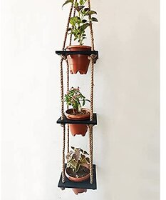 Khush Its Amazing Wood Hanging Planter Shelf Plant Hanger Decorative Flower Pot Rack with Rope Home Decor Hanging Planter (3 Tier Pot Black)