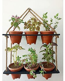 Khush Its Amazing Wood Hanging Planter Shelf Plant Hanger Decorative Flower Pot Rack with Rope Home Decor Hanging Planter (2 Tier Pot Black)