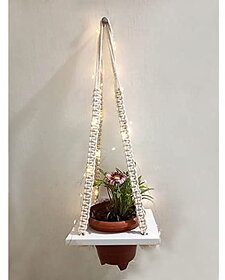 Khush Its Amazing Plant Macrame Hanger Shelf Indoor Hanging Planter Shelf Plant Hanger Shelf Boho Home Decor Cotton Rope with LED Light (White)
