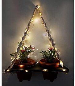 Khush Its Amazing Plant Macrame Hanger Shelf Indoor Hanging Planter Shelf Plant Hanger Shelf Boho Home Decor Cotton Rope with LED Light (Black)