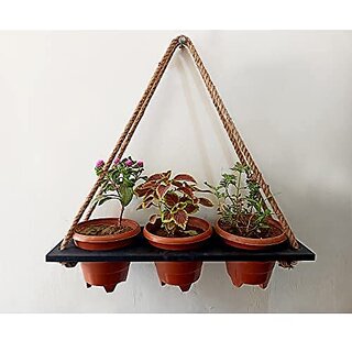 Khush Its Amazing Wood Hanging Planter Shelf Plant Hanger Decorative Flower Pot Rack with Rope Home Decor Hanging Planter ( 3 Pot Black Planter)