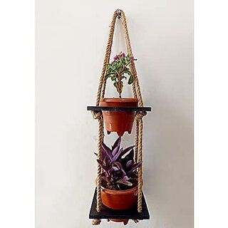 Khush Its Amazing Wood Hanging Planter Shelf Plant Hanger Decorative Flower Pot Rack with Rope Home Decor Hanging Planter (2 Tier Pot Black)