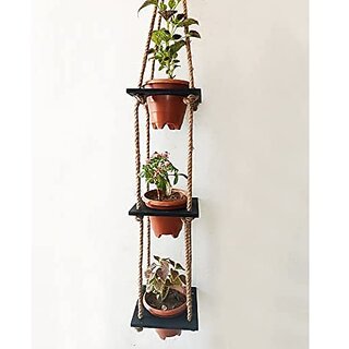 Khush Its Amazing Wood Hanging Planter Shelf Plant Hanger Decorative Flower Pot Rack with Rope Home Decor Hanging Planter (3 Tier Pot Black)