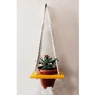 Khush Its Amazing Plant Macrame Hanger Shelf Indoor Hanging Planter Shelf Plant Hanger Shelf Boho Home Decor Cotton Rope (Yellow)