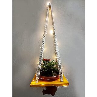 Khush Its Amazing Plant Macrame Hanger Shelf Indoor Hanging Planter Shelf Plant Hanger Shelf Boho Home Decor Cotton Rope with LED Light (Yellow)