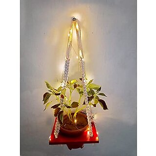 Khush Its Amazing Plant Macrame Hanger Shelf Indoor Hanging Planter Shelf Plant Hanger Shelf Boho Home Decor Cotton Rope with LED Light (Maroon)