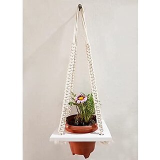 Khush Its Amazing Plant Macrame Hanger Shelf Indoor Hanging Planter Shelf Plant Hanger Shelf Boho Home Decor Cotton Rope (White)