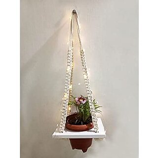 Khush Its Amazing Plant Macrame Hanger Shelf Indoor Hanging Planter Shelf Plant Hanger Shelf Boho Home Decor Cotton Rope with LED Light (White)