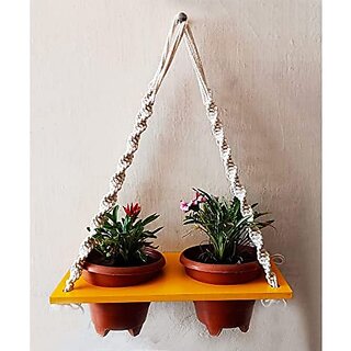 Khush Its Amazing Plant Macrame Hanger Shelf Indoor Hanging Planter Shelf Plant Hanger Shelf Boho Home Decor Cotton Rope (Yellow)