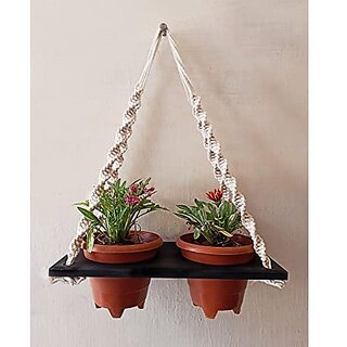Khush Its Amazing Plant Macrame Hanger Shelf Indoor Hanging Planter Shelf Plant Hanger Shelf Boho Home Decor Cotton Rope (Black)