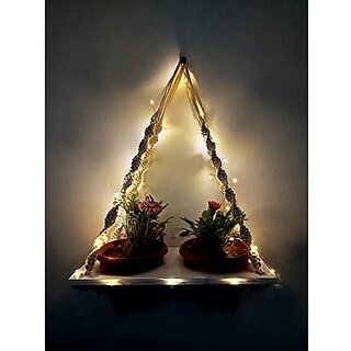 Khush Its Amazing Plant Macrame Hanger Shelf Indoor Hanging Planter Shelf Plant Hanger Shelf Boho Home Decor Cotton Rope with LED Light (White)