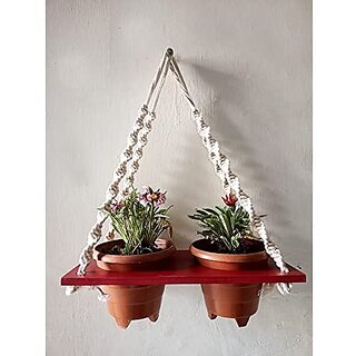 Khush Its Amazing Plant Macrame Hanger Shelf Indoor Hanging Planter Shelf Plant Hanger Shelf Boho Home Decor Cotton Rope (Maroon)