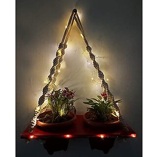 Khush Its Amazing Plant Macrame Hanger Shelf Indoor Hanging Planter Shelf Plant Hanger Shelf Boho Home Decor Cotton Rope with LED Light (Maroon)