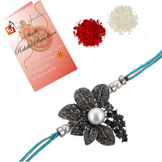 LUCKY JEWELLERY Designer German Silver Quirky Flower Shape (Pack of 1) Rakshabandan Rakhee