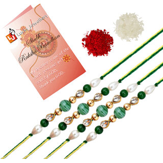 LUCKY JEWELLERY Designer Combo Green Color Pearl Moti (Pack of 4) Rakshabandan Rakhee
