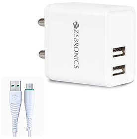 ZEBRONICS Zeb-MA5223 USB Charger Adapter with 1 Metre Micro USB Cable 2 USB Ports 2.4A Output for Mobile Phone/Tablets (White).