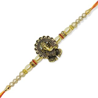 Vighnaharta  Dholak Ganesh ji Gold and Rhodium Plated Alloy Rakhi for Lovely Brother  [VFJ1134RKG]