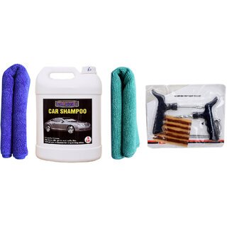 Indo Power Car Shampoo 5Ltr+2Pc Car Microfiber Cloth (Blue + Green )+ Tubelass Smart Panchar Kit.