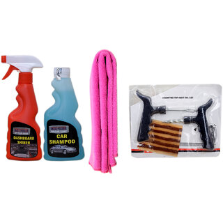 Indo Power Dashboard Shiner Spray 250Ml+ Car Shampoo 250Ml+ 1Pc Car Microfiber Cloth  Pink+ Tubelass Smart Panchar Kit.