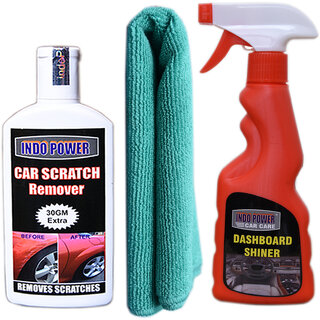Indo Power Dashboard Shiner Spray 250Ml+ 1Pc Car Microfiber Cloth Green+ Scratch Remover 100Gm.