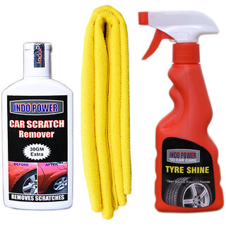Indo Power Tyre  Shiner Spray 250Ml + 1Pc Car Microfiber Cloth Yellow+ Scratch Remover 100Gm.