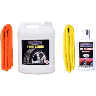 Indo Power Tyre Shiner 5Ltr + 2Pc Car Microfiber Cloth (Orange + Yellow)+ Scratch Remover 200Gm.