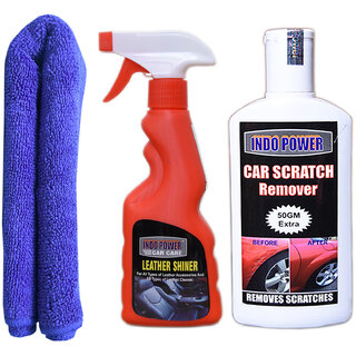 Indo Power Leather Shiner Spray 250Ml + 1Pc Car Microfiber Cloth Blue+  Scratch Remover 200Gm.